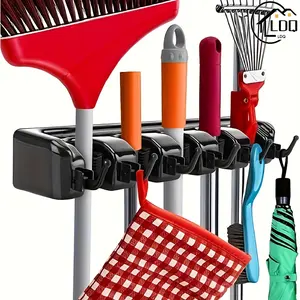 5-Slot 6-Hook Wall-Mounted Broom Rack - Durable Organizer for Gardening Tools, Garage, Closet, and Laundry Room - Space-Saving, Easy to Install, Securely Holds - Versatile Storage Solution