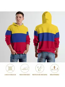 Men's Colombia Flag Long Sleeve Hoodie, Four Seasons Warm Pullover with Front Pocket, Soft Blue Hooded Sweater, Casual Streetwear S-Xxxl