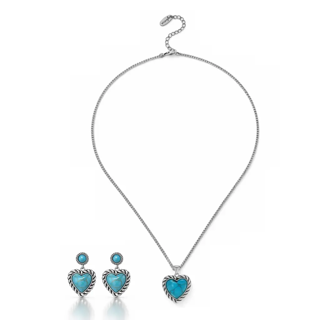 Wrangler 14k Plated Heart Jewelry Set Heart Turquoise Antique Silver Plated Necklace & Earrings Set with Synthetic Turquoise Cowgirl Southwestern Statement Jewelry Adjustable Necklace Secure Earrings Hypoallergenic Craftsmanship