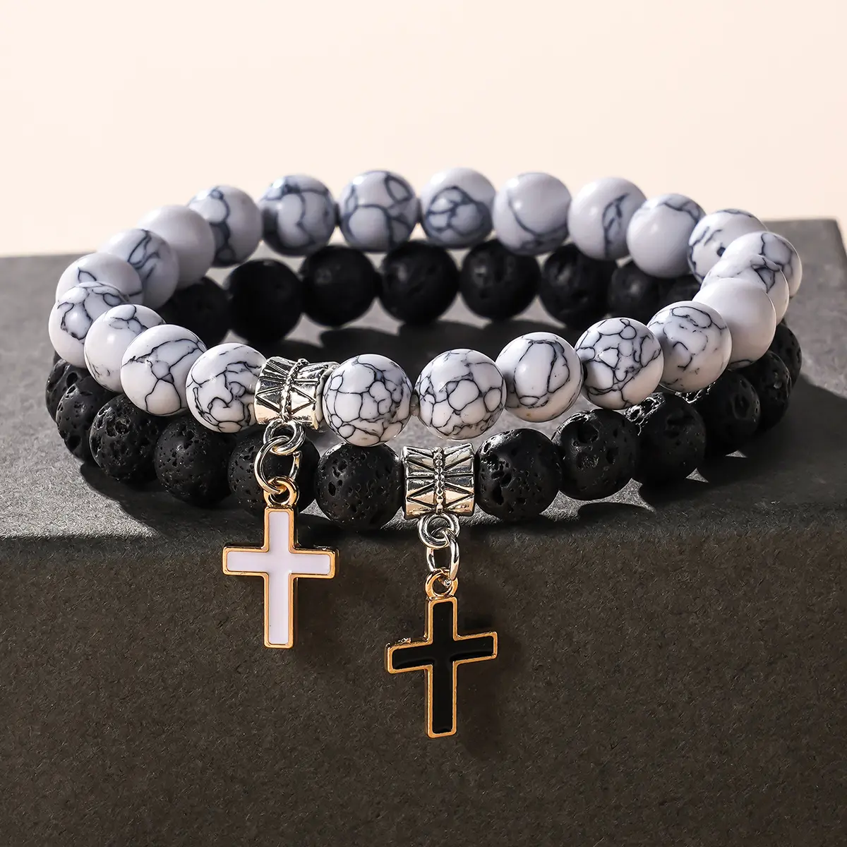 2 Pieces Lava Stone Beaded Cross Bracelet for Men and Women, Cross Bracelet for Couple Friendship, Stone Stretch Chain Prayer Bracelet for Best Friends, Sisters, Family