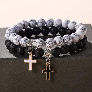 2 Pieces Lava Stone Beaded Cross Bracelet for Men and Women, Cross Bracelet for Couple Friendship, Stone Stretch Chain Prayer Bracelet for Best Friends, Sisters, Family