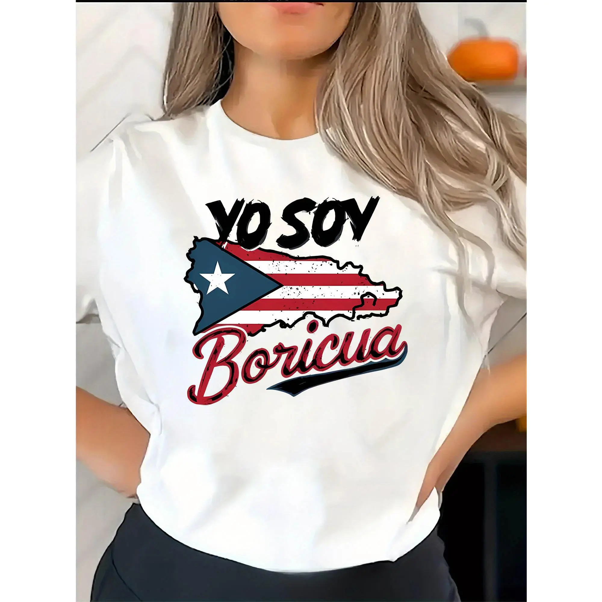 100% Cotton Women'S Puerto Rico Flag Graphic T-Shirt - "Yo Soy Boricua" Slogan, Lightweight Summer Casual Top, Round Neck Short Sleeve, Machine Washable Black Tee For Spring/Summer, Puerto Rico Shirt Golf Gift T-Shirt For Men And Women