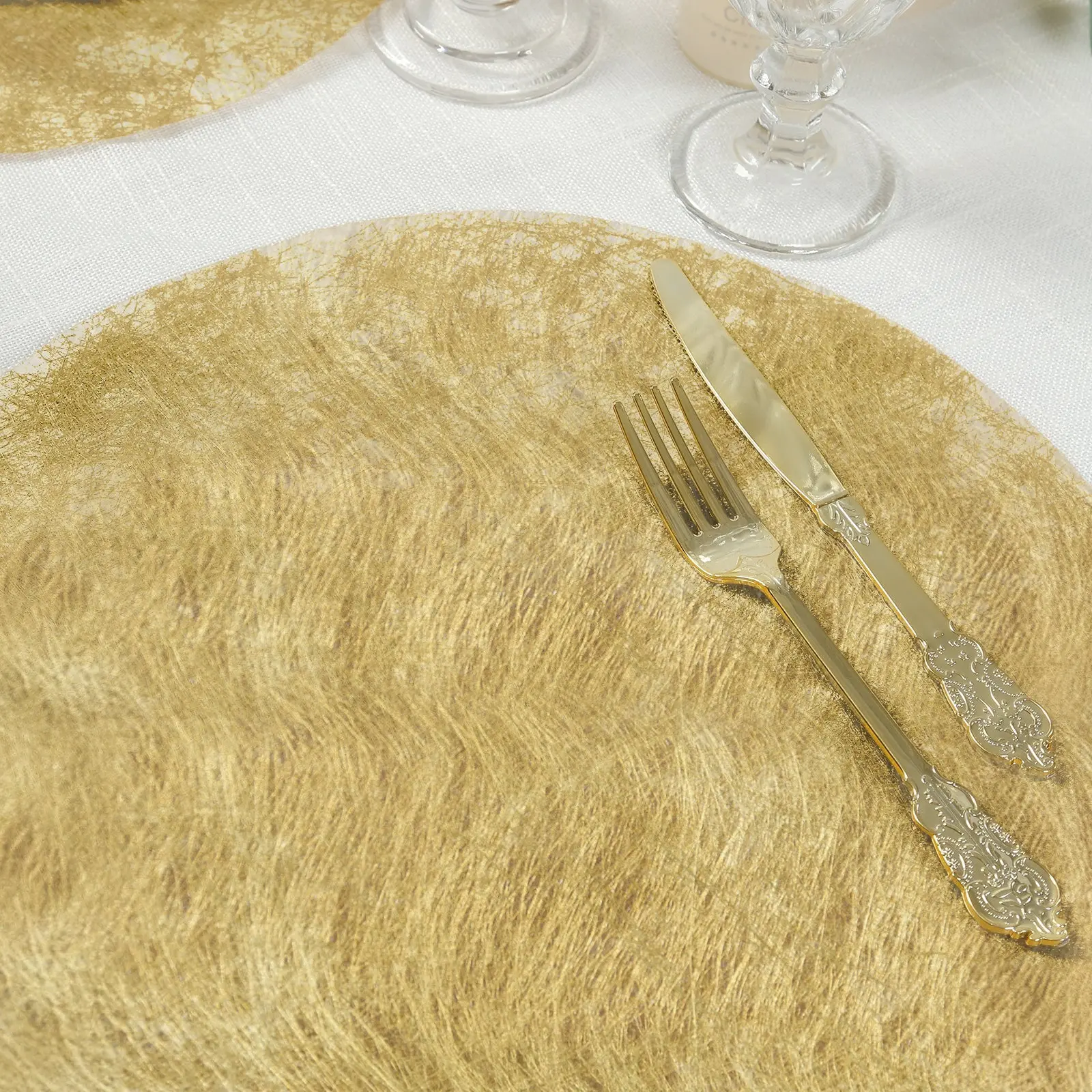 Non-Woven Mesh Fiber Round Placemats (50-Pack, 13in Metallic Gold) - Disposable Tableware for Dining Events, Glam Circular Dinner Ideas