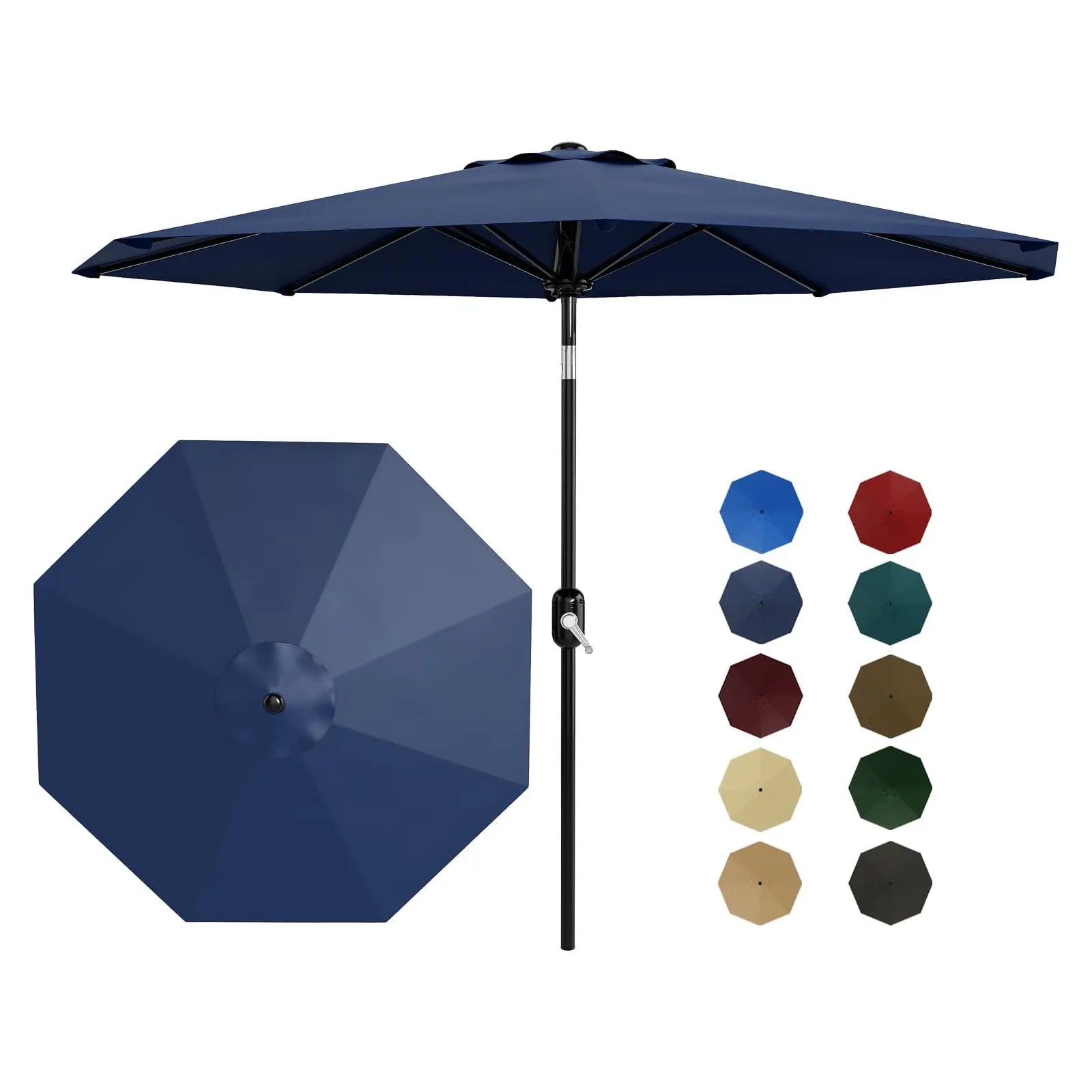 Gaomon 9 ft Iron Large Patio Shade Umbrella Outdoor Furniture Sets - 8-Rib, Polyester, Crank Lift, Push Button Tilting, Waterproof, Windproof, UV Resistant, Corrosion Resistant, Wipe with Damp Cloth, Navy Blue, Adjustable for Pool, Deck