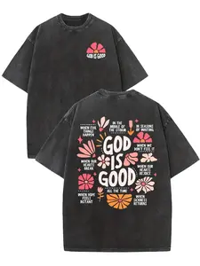 Unisex Graphic Tee God Is Good All The Time Christian Faith Floral Print Inspirational Design Washed Cotton Casual Oversized T Shirt Crewneck Short Sleeve Soft Breathable Loose Fit Daily Wear Church Religious Events Spiritual Gift Trendy Aesthetic Top