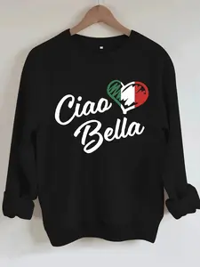 Women's Casual Italian Letter Pattern Pullover, Soft Long Sleeve Round Neck Sweatshirt, All-Season Comfort