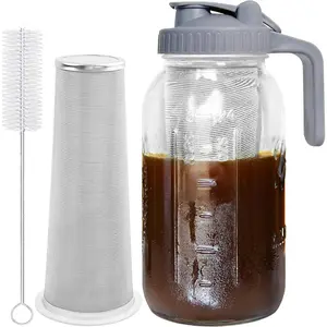 Cold Brew Coffee Maker Jar - 64oz Thick Glass Multipurpose Mason Pitcher Spout Lid with Handle & Stainless Steel Filter for Iced Coffee, Lemonade, Ice Tea, Homemade Fruit Drinks Container Pots Bottle Beverage