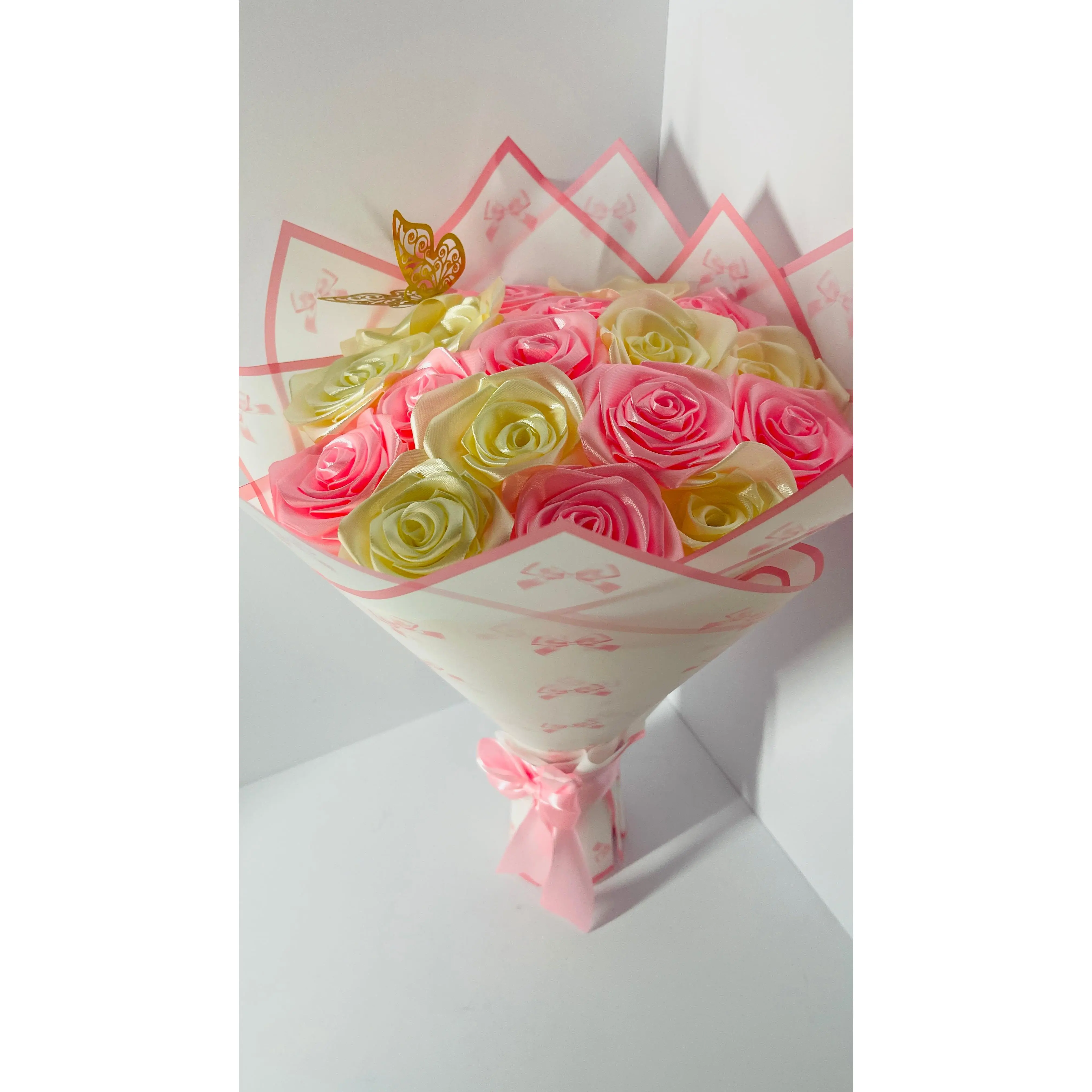 Handmade Satin Rose Bouquet with Decorative Butterfly - The Eternal Gift