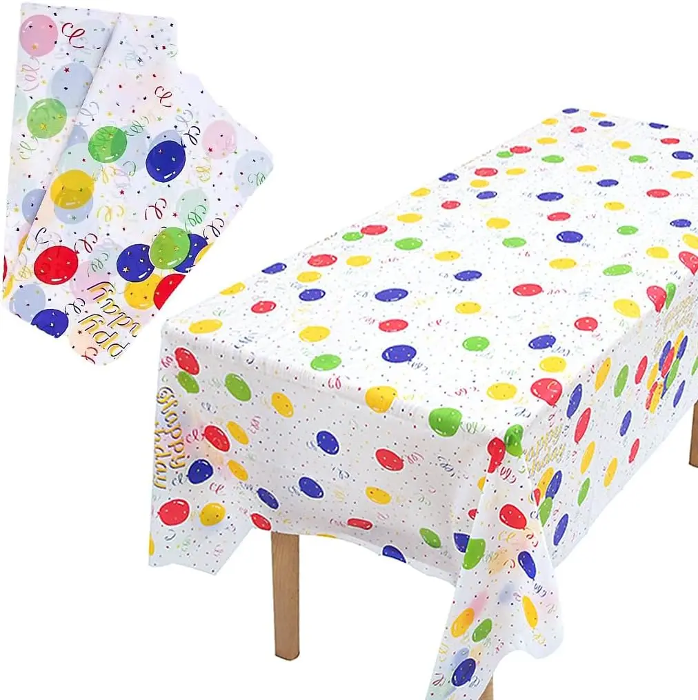 2 Pack Happy Birthday Plastic Tablecloth, 54x108 inch Rectangular Disposable Colorful Balloon Party Tablecloth, Suitable for Birthday, Graduation, Wedding Decoration