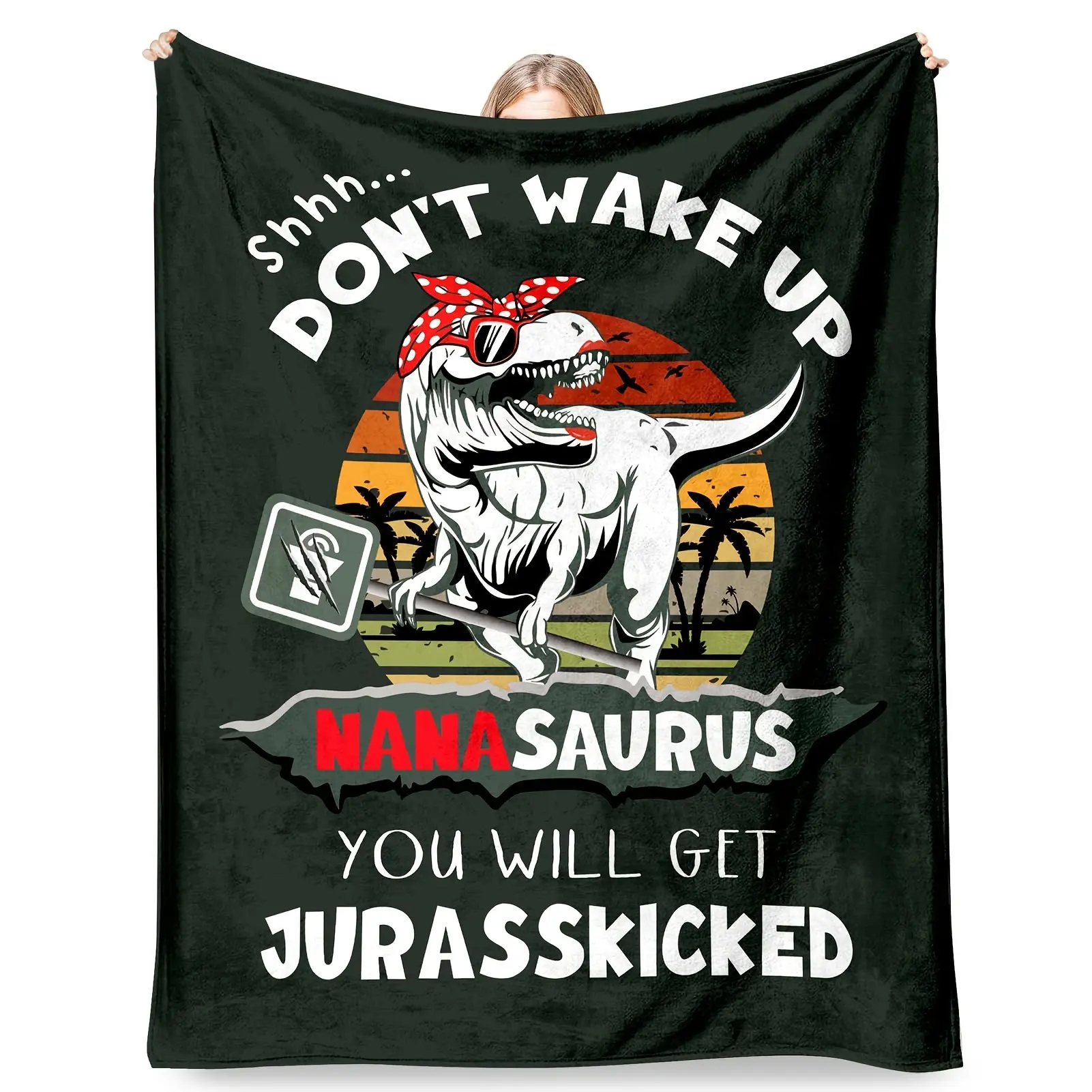 NanaSaurus Themed Polyester Fibre Knitted Flannel Throw Blanket - Soft, Durable, Wrinkle Resistant, All Seasons, Machine Washable, Digital Print - Multipurpose Contemporary Gift for Nana Birthday, Christmas
