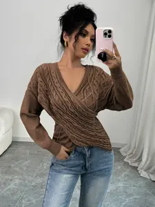 Women's Wrap V Neck Criss Cross Long Sleeve Asymmetrical Sweater Cable Knit Tops for Spring Fall