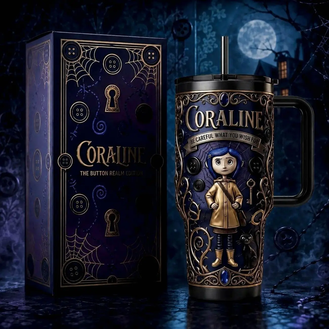 Coraline The Button Realm 40oz Premium Insulated Tumbler, Stainless Steel Double-Wall Vacuum Cup With Lid Straw and Handle, BPA-Free Reusable Travel Mug, Movie Fan Gift for Daily Use, Made in USA