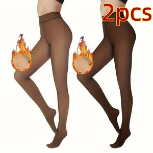 Women's High Waist Fleece Lined Thermal Leggings 2 Pack Ultra Warm Thick Stretchy Winter Underwear Brown Seamless Outdoor Cold Weather Comfort Pants