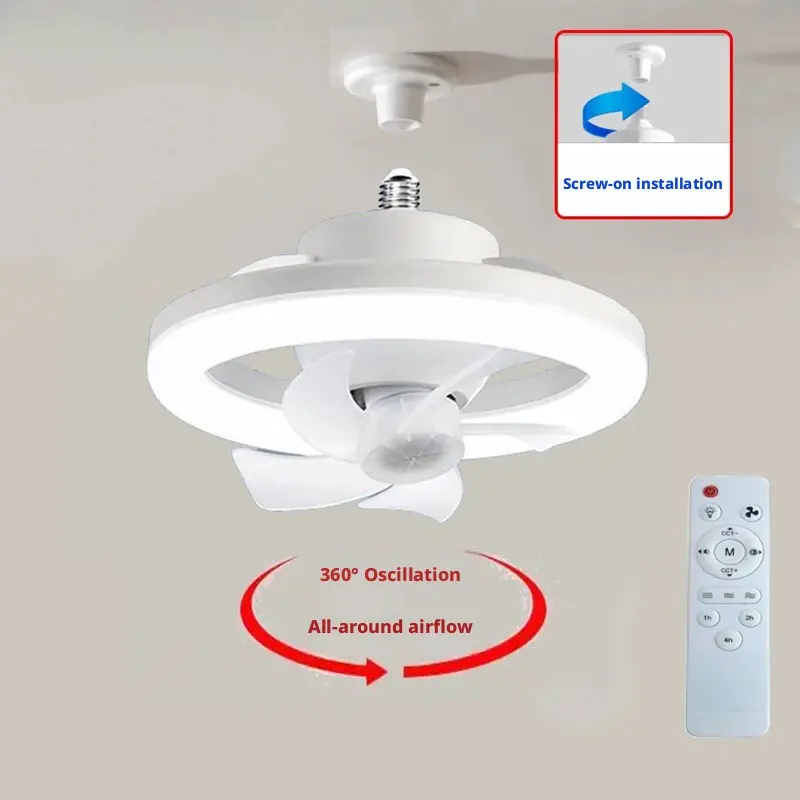 Rotating E27 Screw Base 360° Swivel Ceiling Fan Light, Dual Use Pendant Fan Lamp, Three Color LED Remote Control, Kitchen Bathroom Fan Light, Home Ceiling Lighting