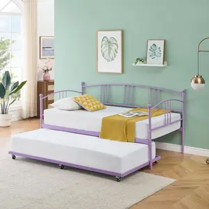Daybed with Trundle, Metal Twin Size Day Bed with 6 Casters Pullout Trundle, Trundle Bed Twin with Steel Slat Support for Living Room, Bedroom and Guest Room, Purple