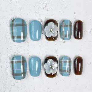 [Plaid Bloom] Short Square Handmade Press on Nails, Fake Nails with Nail tool kit with Jelly Stickers, Reusable, Durable