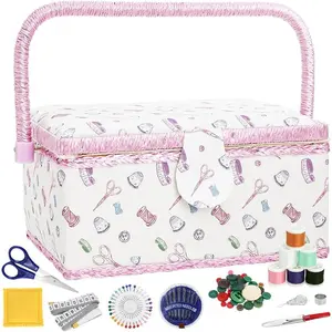 Sewing Box with Accessories, Large Sewing Kit and Organizer Case, Vintage Wooden Sewing Baskets with Removable Tray for Adults, Sewing Mending, Beginner,, Floral Print