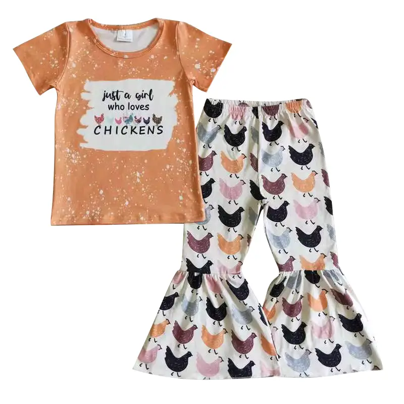 A2-9--short sleeve top chicken pattern flare pants sets for Girls