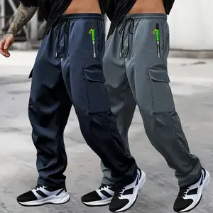 2pcs Men'S Casual Cargo Pants with Drawstring Waist & Zipper Pockets - Lightweight Non-Stretch Fabric, Regular Fit for Outdoor Running & Training