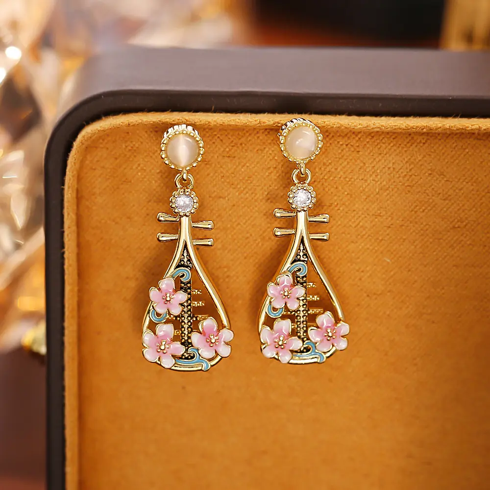 New Chinese Pipa Drop Earrings, Trending Pink Cherry Blossom Cat Eye Stone Dangle Studs, Vintage Hollow Instrument Jewelry, Gold Plated Elegant Oriental Accessory For Cheongsam Daily Outfits
