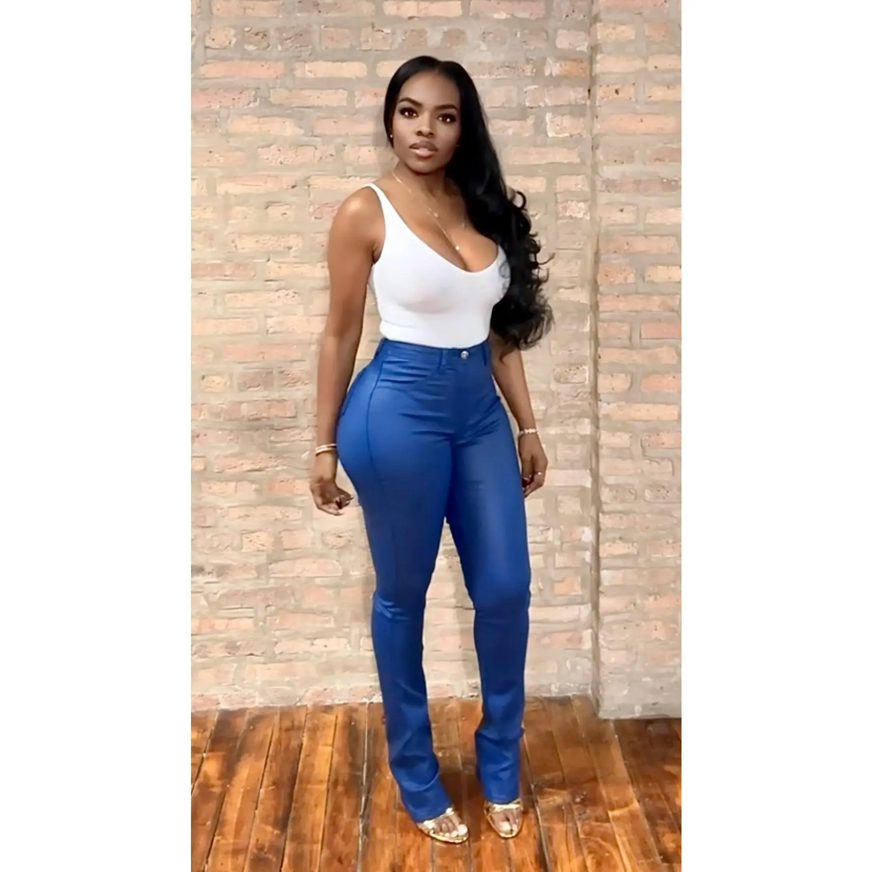 Vegan Leather High Waist Stacked Pants - Royal Blue