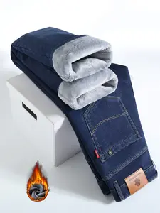 Men's Thickened Winter Fleece Jeans, Loose Straight Leg High Waist Casual Elastic Pants, Warm Long Denim Trousers for Fall & Winter