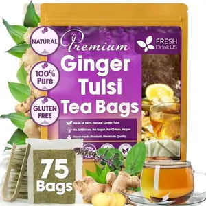 FreshDrinkUS, Premium Ginger Tulsi Tea Bags, 100% Natural, Hand-made Blend of Ginger and Tulsi Holy Basil Leaves, Eco-conscious Tea Bags. Ginger Tulsi Herbal Tea. No Sugar, No Caffeine, Vegan.