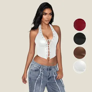 Y2K Punk V Neck Grommet Eyelet Tie Front Corset Crop Halter Top Backless PU Leather Shapewear Tops Concert Fit Womenswear