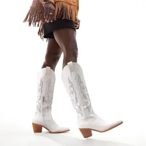 White Cowboy Boots for Women - Wide Calf Rhinestone Cowgirl Boots, Women Knee High Western Boots, Glitter Sparkly Ladies Tall Boots with Classic Embroidery and Side Zipper, Retro Classic Country Boots Pull On for Ladies Footwear Walking Shoes