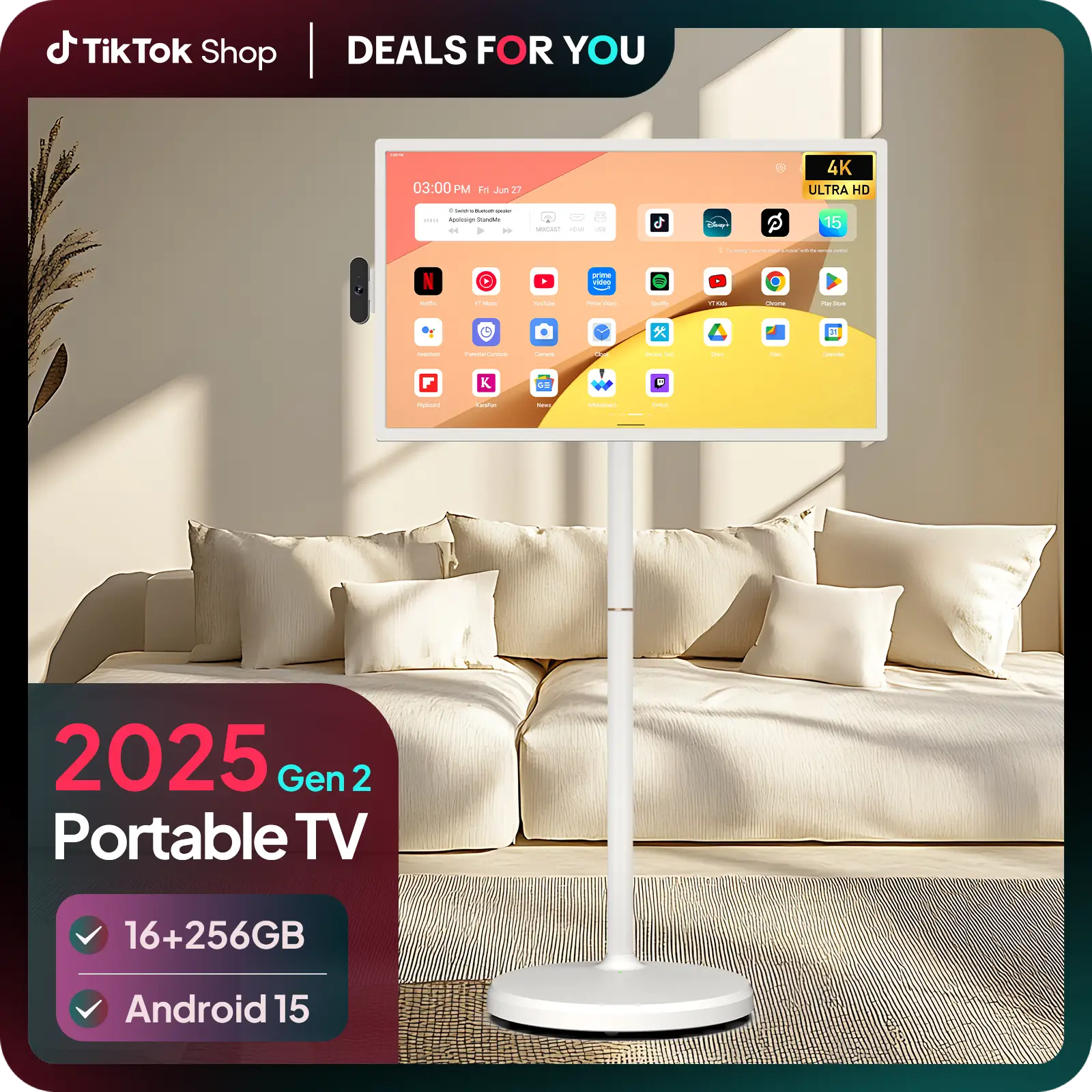 【2025 New 15000mAh Battery Upgrade】Apolosign Gen 2 Portable 32" 4K UHD Smart TV Tablet, Android 15, Touchscreen Display, 16GB RAM + 256GB Storage, WiF