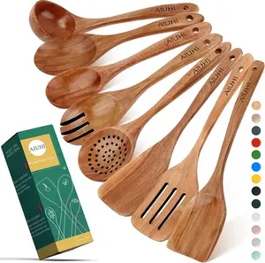 AIUHI Natural Teak Wood Cooking Utensil Set - 8 Pack Nonstick Kitchen Tools, Durable & Eco-Friendly Wooden Spoons & Spatulas, Easy Clean & Store, Food-Grade Safety, Handmade by AIUHI