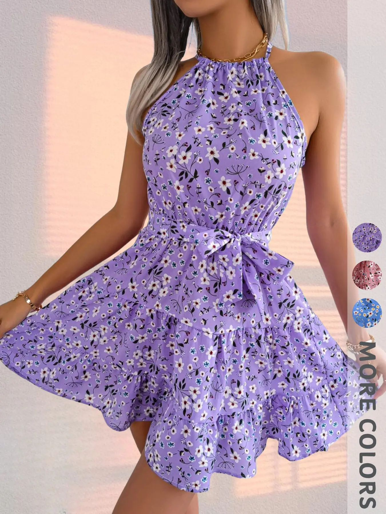 New Summer Women's Halter Neck Sleeveless Floral Tie Dress, Multi-Layer Cake Skirt, High Waist Short Dress, Elegant Chic Boho Cottagecore Style Fashion for Office and Dates