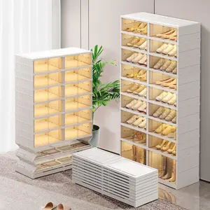 Lingrong 9-Tier Foldable Light Shoe Rack Organizer Collapsible & Stackable Plastic Storage Clear Narrow Cabinet for Space-Saving Home Organization Box