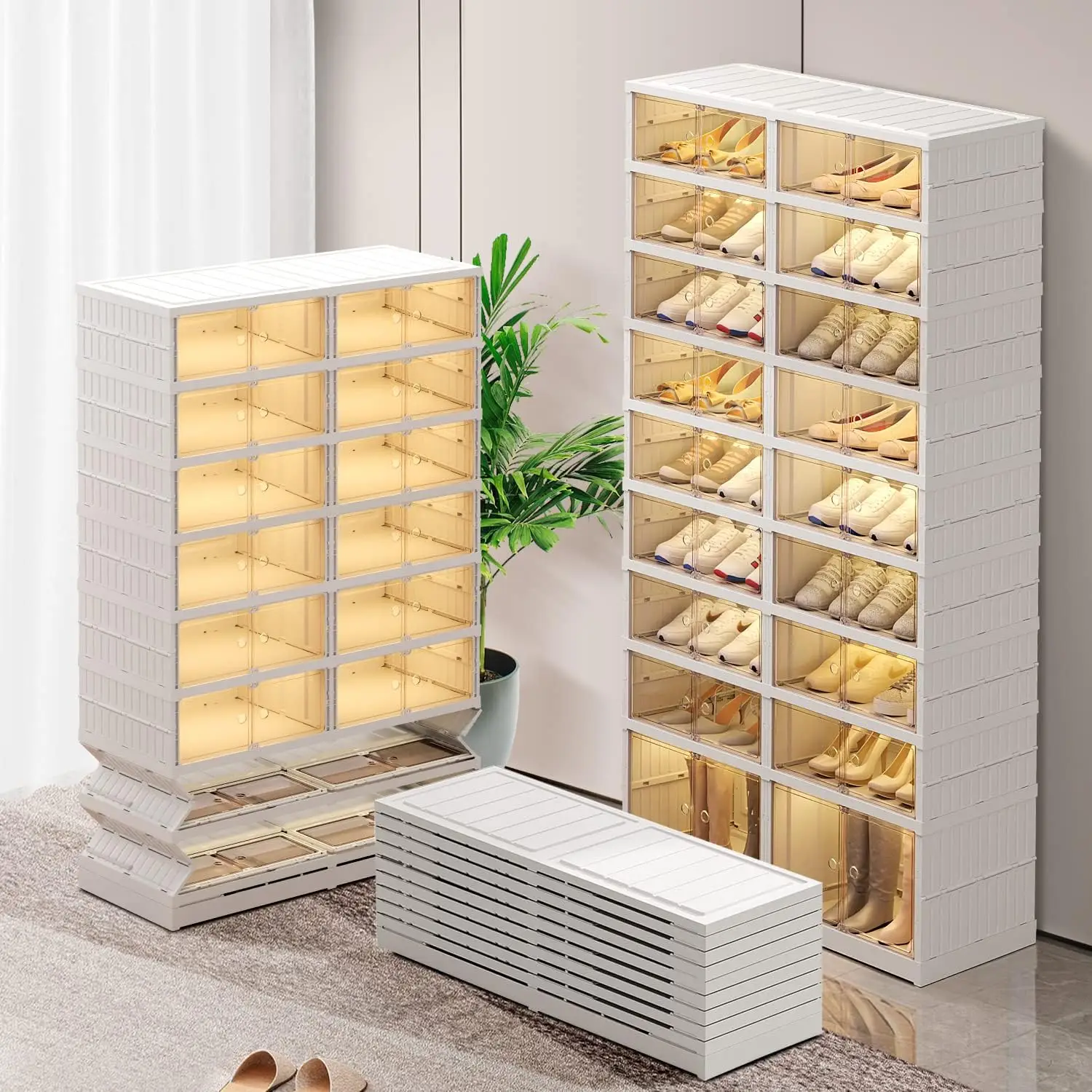 Lingrong 9-Tier Foldable Light Shoe Rack Organizer Collapsible & Stackable Plastic Storage Clear Narrow Cabinet for Space-Saving Home Organization Box