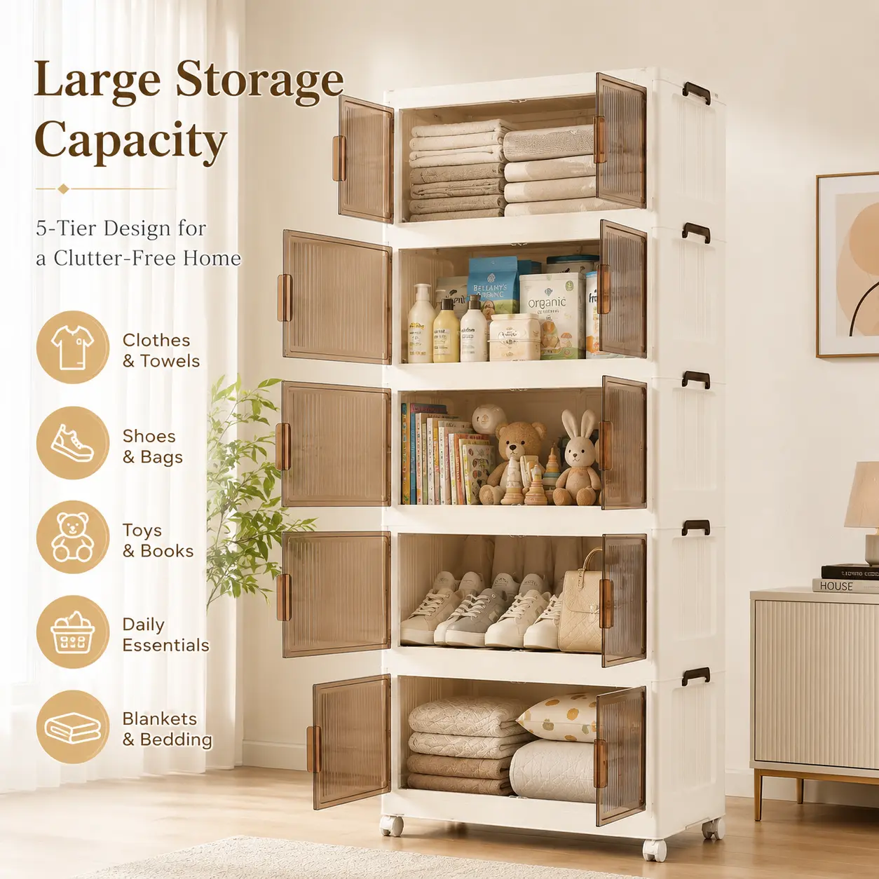 Naviconvex 5-Tier Foldable Storage Cabinet - Adjustable Height, Large Capacity Freestanding Organizer with Magnetic Doors, Wheels for Bedroom, Kitchen, Living Room