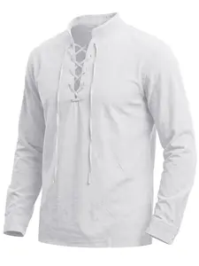 Men's Lightweight Breathable Linen Long Sleeve Fitted Shirt, Drawstring Neck, Unique Design, Casual Fashion for Spring & Fall, Tops, Menswear