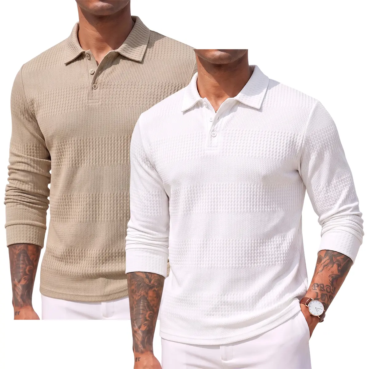 Men's Striped Long Sleeve Polo Shirt, Casual Textured Woven Fabric with Slight Stretch for Outdoors and Everyday Wear, Menswear, Black + White, Stretch Fabric, Textured Weave, Longsleeves, Black And White Striped Polo Shirts, M