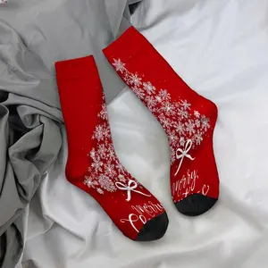 Red background with snowflakes and Christmas tree - Merry Christmas! Mid-calf socks, casual and sporty style - soft and comfortable.