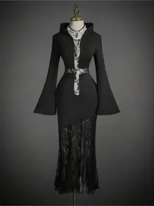 Women's Halloween Vintage Dark Lace Hollow Out Hooded Bodycon Dress, Slim-Fitting All Season Fashion, Sexy Style