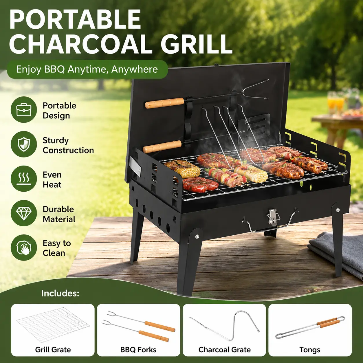 Portable Box-Style Charcoal Grill with Built-In Tool Storage, Tabletop BBQ for Outdoor Cooking Barbecue, Camping & Hiking Portable Barbecue