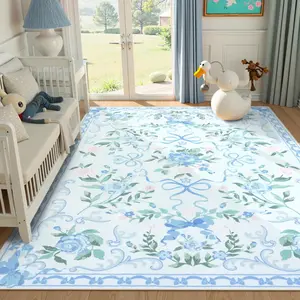 French Country Floral Bow Area Rug, Floral Pattern Rug, Soft Plush Non-Slip Mat for Indoor Use, Washable and Foldable Carpet for Living Room and Bedroom