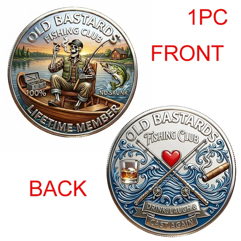 Old Brothers Club Skull Fishing Enthusiast Commemorative Coin, Unique Collectible Token, Ideal Gift for Fishing Lovers
