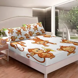 Feelyou Cute Monkey Cartoon Banana Decor Bedding Set - Wild Animal Pattern Microfibre Bed Sheets, Decorative Bedroom Collection, Bed Sheets Set, Decorative Bedsheet Sets