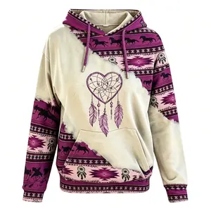 Women's Ethnic Tribal Aztec Hoodie – Horse & Heart Dreamcatcher Print, Navajo Geometric Pattern Color Block Long Sleeve Hooded Sweatshirt with Drawstring, Pocket, Boho Western Vintage Casual Pullover Top ﻿