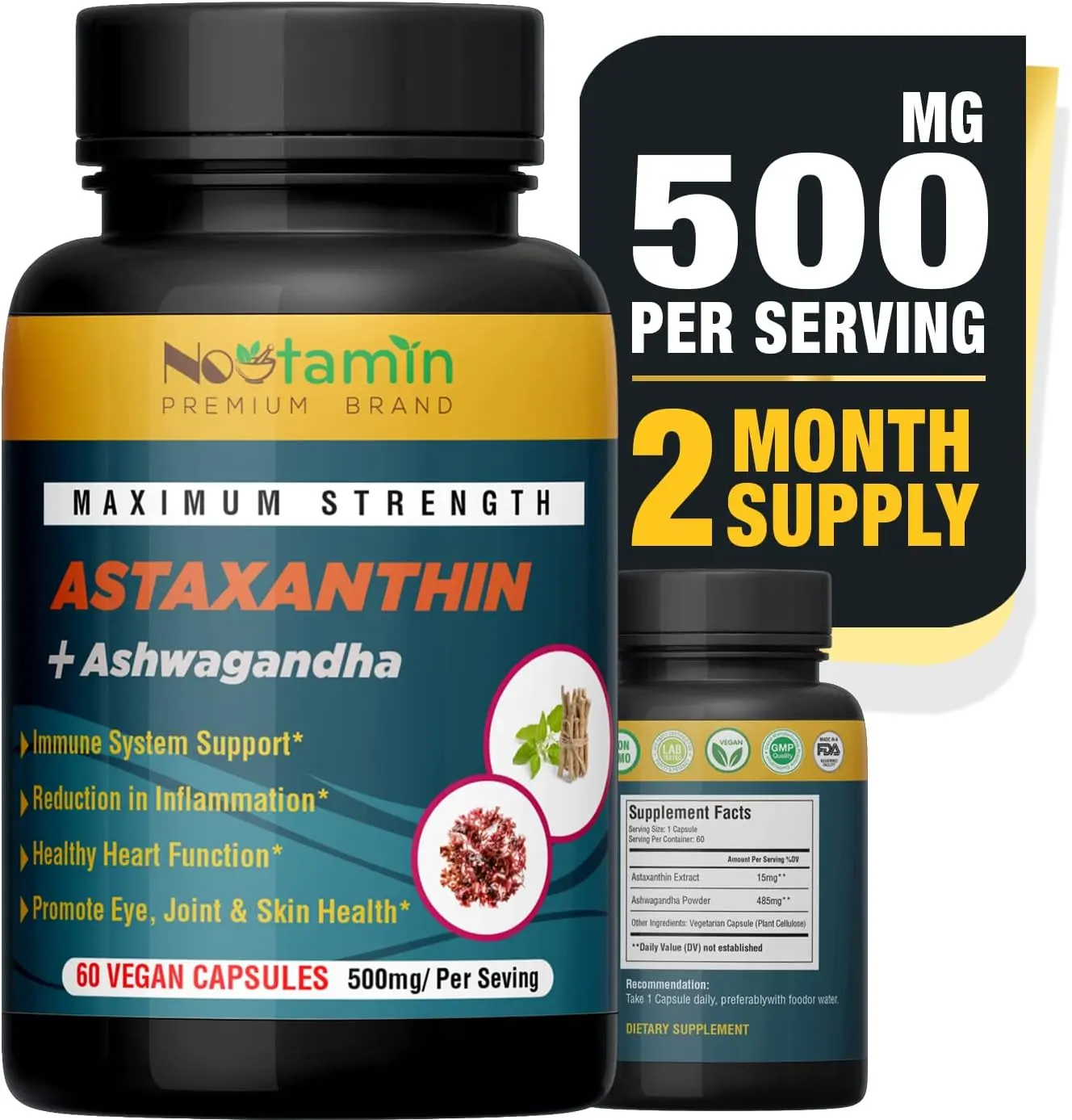 Nootamin Extra Strength Astaxanthin 15mg Supplement with Ashwagandha, 60 Vegan Capsules, Bioavailable Daily Immune Defense and Cardiovascular Support, Promotes Eye, Skin, Joint Health Healthcare Edible