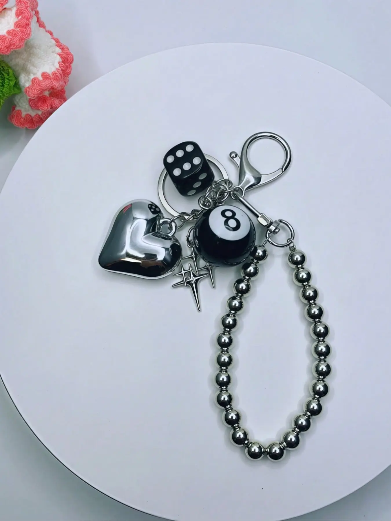 Creative & Minimalist Bag Accessories, Fashionable 8-Ball Bag Charm, Dice Keychain, Keychain for Bags, Keychain Lanyard, Metal Beaded Decor, Holiday Gift, DIY Bag Pendant, Keychain Accessory