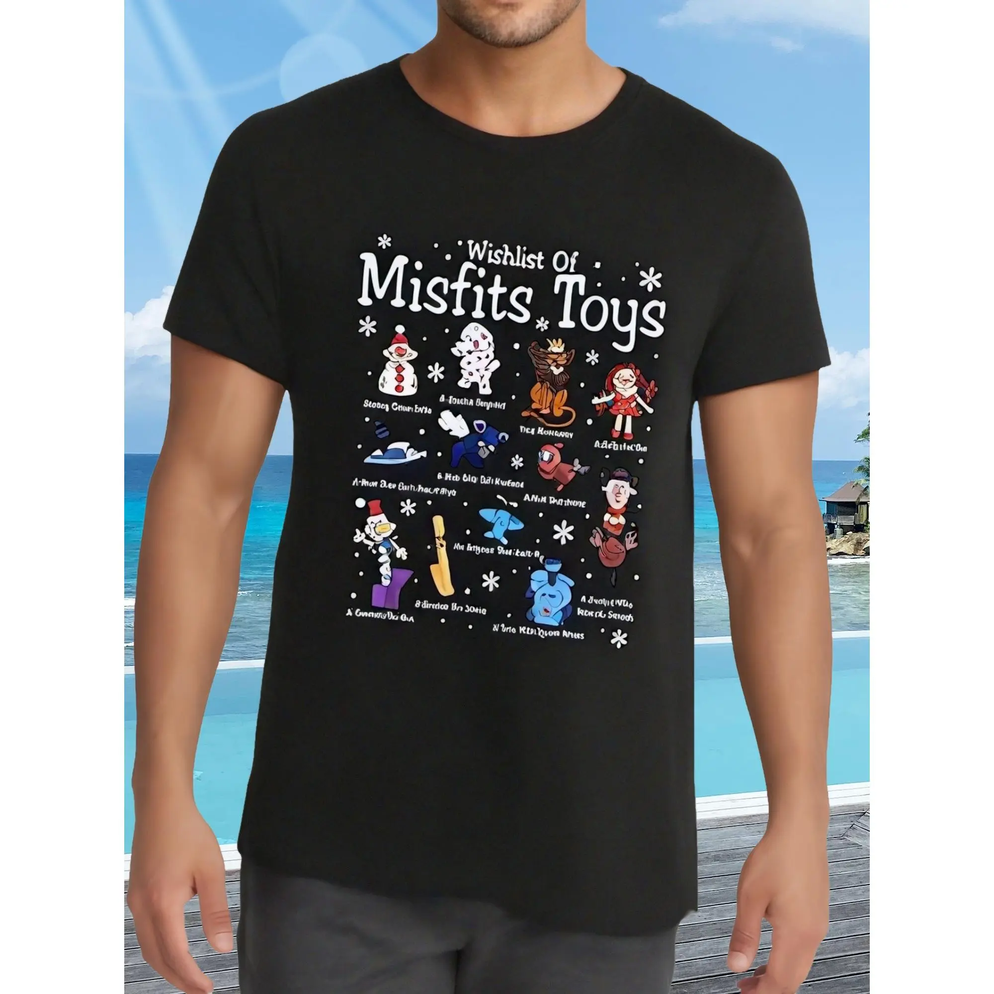 Men's Knit Round Neck Short-Sleeve Graphic T-Shirt - Rudolph the Red-Nosed Reindeer Misfit Toys Themed, Funny Menswear Top, Black (Style 340009) Casual Streetwear Tshirt Tropical Crewneck Operator