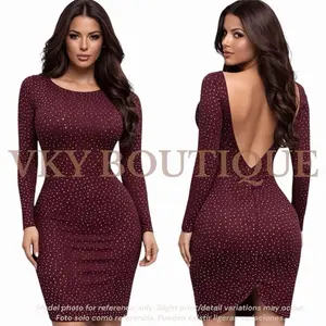 Rhinestone Mesh Open Back Bodycon Midi Dress SY