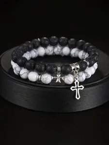 Lava Stone & White Jade Stone Cross Charm Beaded Bracelet, Fashion Cross Charm Bracelet for Women & Men, Trendy All-match & Exquisite Jewelry for Birthday Gift, High Quality Bracelet