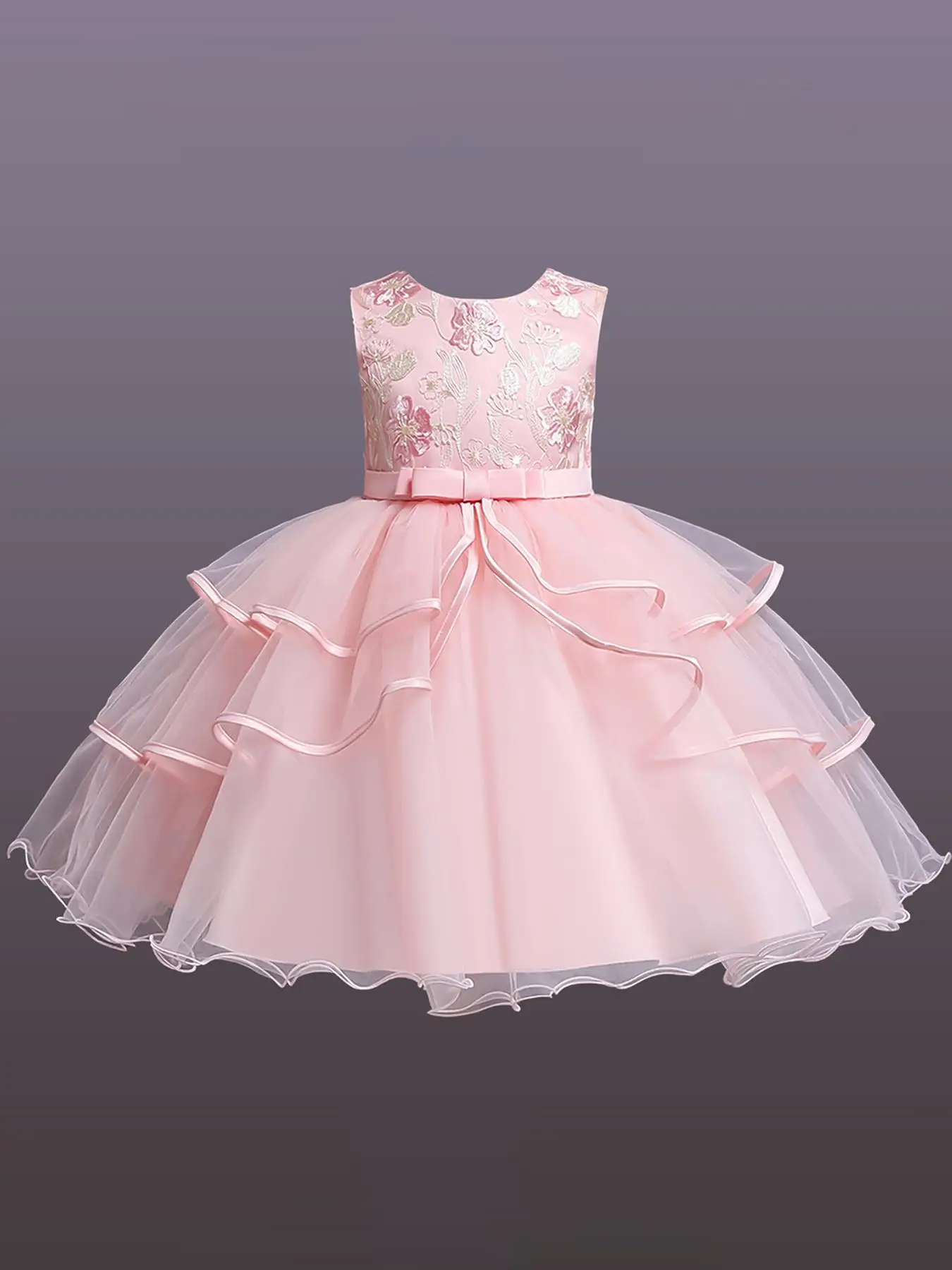 Girl's Floral Embroidery Bow Decor Tiered Layer Tulle Dress, Elegant Sleeveless Ruffle Trim Dress for Party Wedding Guest, Kids Clothes for All Season